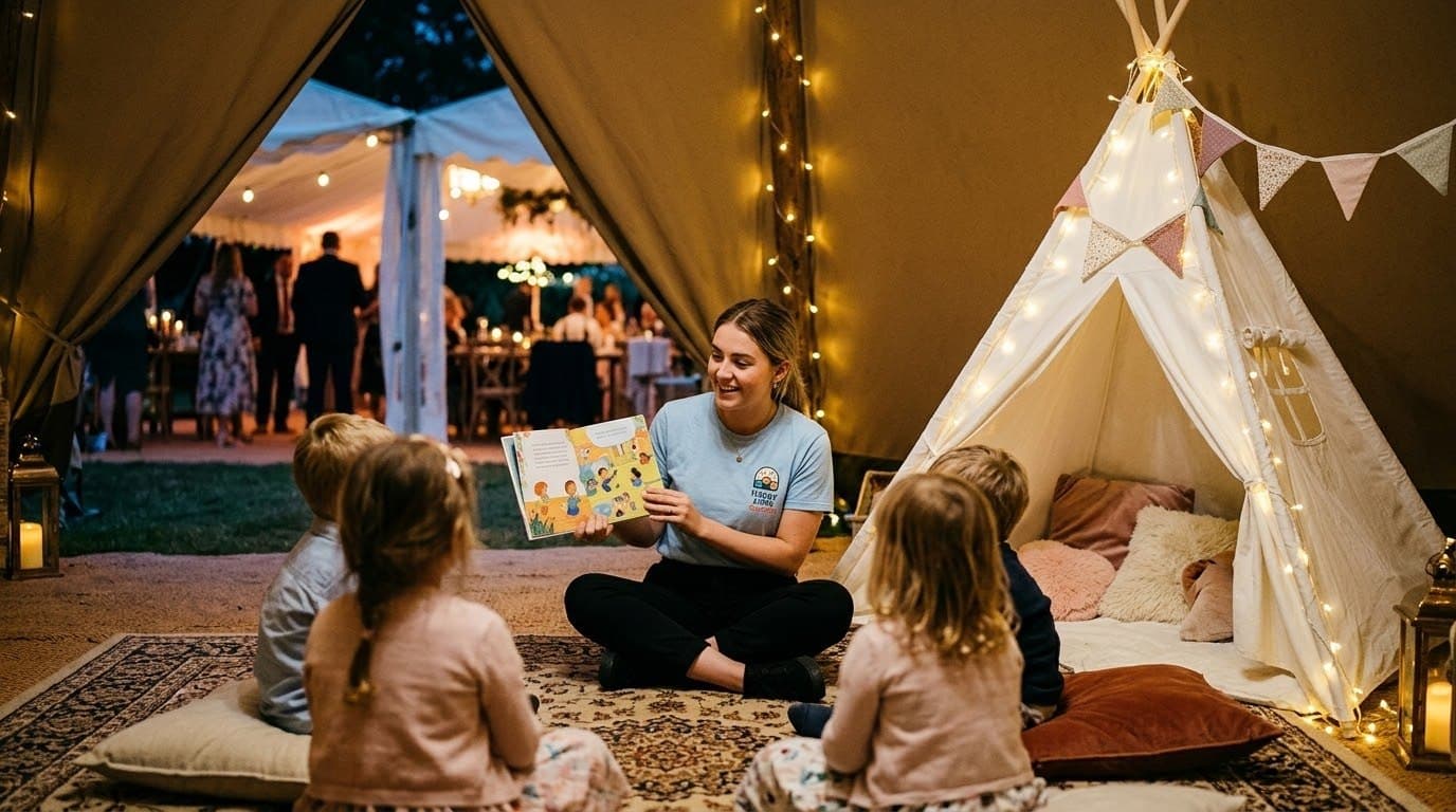 A Happy Little Guests carer reading a story to children beside a teepee at an evening wedding